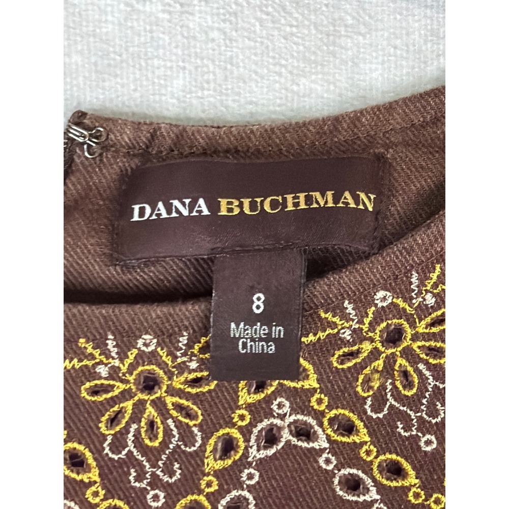 Dana Buchman Shift Dress Sz 8 Brown Embroidered Linen Blend Short Sleeve Boho - Picture 4 of 6